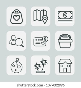 Premium set of outline icons. Such as web, finance, money, modern, sign, internet, card, navigation, business, banking, credit, bank, object, currency, construction, bag, background, palm, building