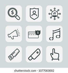 Premium set of outline icons. Such as display, screen, music, knife, touch, business, sound, finger, money, note, safety, concept, food, protect, hand, white, find, loudspeaker, internet, sign, voice