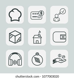 Premium set of outline icons. Such as card, template, stereo, finance, purchase, food, building, cooking, restaurant, bank, complete, profile, audio, sound, home, chef, compass, packaging, money, east