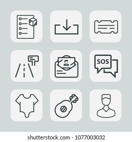 Premium set of outline icons. Such as transport, shipping, profile, safety, warehouse, mail, cute, help, cargo, traffic, checklist, envelope, package, delivery, avatar, danger, musical, coupon, white