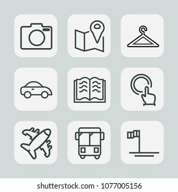 Premium set of outline icons. Such as literature, bus, hand, pin, book, digital, road, plane, map, blue, photography, travel, hanger, mexico, fashion, vehicle, ocean, technology, clothing, button, gps