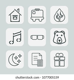 Premium set of outline icons. Such as star, modern, forest, real, present, sound, house, moon, animal, finance, property, money, giftbox, sunglasses, banking, travel, bag, baggage, building, package
