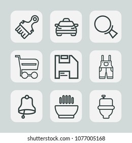 Premium set of outline icons. Such as find, cart, hot, work, transport, trolley, bathroom, travel, traffic, cab, look, taxi, restroom, diskette, uniform, retail, ring, sale, bell, magnifying, search, 