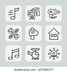 Premium set of outline icons. Such as song, architecture, music, tune, media, tripod, melody, female, house, air, professional, transport, arrow, communication, blowing, television, movie, global, fan