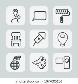 Premium set of outline icons. Such as holiday, speech, communication, location, navigation, chair, jet, direction, fire, interior, camera, aircraft, room, plane, travel, video, chat, jetliner, roller