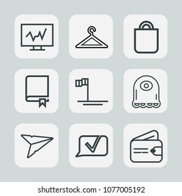 Premium set of outline icons. Such as fashion, email, present, rack, gift, medicine, store, book, cartoon, monster, message, finance, hanger, character, clinic, computer, wallet, wardrobe, mexico, bag