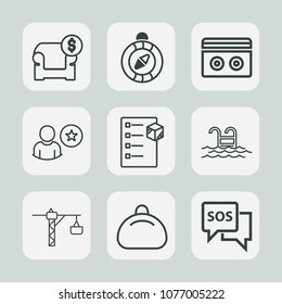 Premium set of outline icons. Such as safety, modern, pool, hammer, furniture, tape, sos, online, travel, business, price, blue, north, sale, delivery, leather, danger, fashion, bag, home, object, box