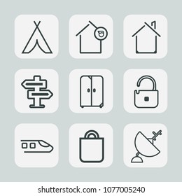 Premium set of outline icons. Such as outdoor, nature, travel, property, people, owner, building, home, present, summer, communication, apartment, train, antenna, tourism, tent, room, transport, dont
