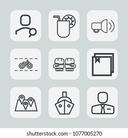 Premium set of outline icons. Such as ship, road, sport, online, technology, business, travel, communication, website, job, bicycle, wheel, megaphone, party, cycle, employee, transport, drink, alcohol