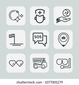 Premium set of outline icons. Such as mask, fashion, dump, tipper, glass, sunglasses, sky, finance, investment, beach, danger, job, equipment, help, medical, emergency, surgeon, moonlight, sun, ocean