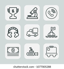 Premium set of outline icons. Such as business, luggage, life, sea, baggage, audio, headset, buoy, transportation, airport, phone, ring, money, safety, award, competition, microscope, laboratory, coin