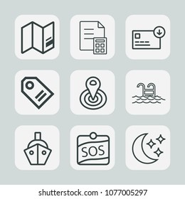 Premium set of outline icons. Such as swimming, center, earth, global, ship, boat, europe, currency, pool, planet, coin, investment, map, sky, travel, vessel, cash, location, water, sea, summer, tag