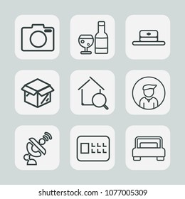 Premium set of outline icons. Such as package, head, lens, estate, new, space, technology, restaurant, online, wineglass, real, home, glass, double, bottle, box, red, unpacking, equipment, search, hat