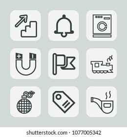Premium set of outline icons. Such as danger, ring, tag, alarm, downstairs, classic, washer, explosion, national, stairs, bomb, laundry, vintage, label, pole, flag, power, travel, down, nation, train