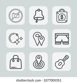 Premium set of outline icons. Such as pin, sign, buy, shop, moon, market, music, camera, white, forbidden, road, photography, musical, price, button, wear, center, retail, sound, alert, call, alarm