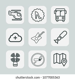 Premium set of outline icons. Such as cigarette, addiction, speed, road, frame, guitar, aircraft, internet, elegance, helicopter, sea, tobacco, boots, travel, fly, musical, beautiful, cloud, falling
