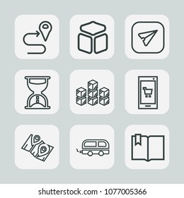 Premium set of outline icons. Such as hourglass, travel, web, navigation, book, timer, square, bus, transport, pin, online, clock, mobile, element, distribution, message, time, click, hour, sign, map