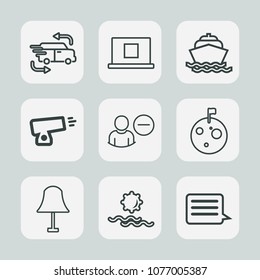 Premium set of outline icons. Such as lamp, travel, planet, electricity, sun, gun, sign, message, landscape, truck, light, nature, boat, shipping, speed, internet, transportation, ocean, flag, web