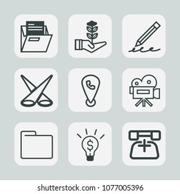 Premium set of outline icons. Such as write, agriculture, drawing, background, object, camera, garden, pencil, location, office, telephone, green, movie, video, concept, tripod, file, business, pen