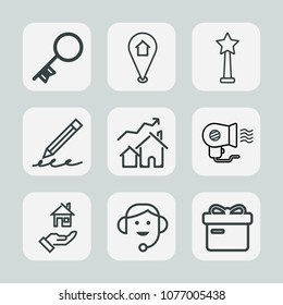 Premium set of outline icons. Such as winner, property, travel, ribbon, navigation, white, female, pencil, hair, increase, office, security, education, estate, write, pen, medal, door, location, award