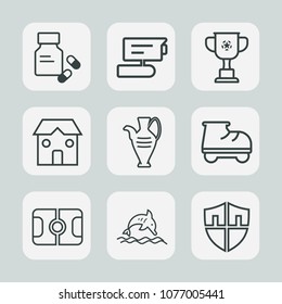 Premium set of outline icons. Such as ocean, winner, white, security, camera, vitamin, pottery, antibiotic, wildlife, fun, soccer, vase, pharmacy, medical, health, animal, pitch, view, tv, drug, sport