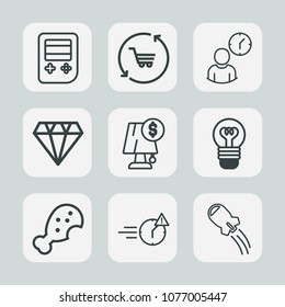 Premium set of outline icons. Such as man, cart, bulb, web, night, clock, hour, jewelry, concept, button, craft, lamp, space, technology, gem, electric, trolley, rocket, light, crystal, retail, time