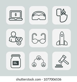 Premium set of outline icons. Such as lighter, business, light, sunglasses, monitor, hierarchy, flame, courthouse, screen, can, tin, pc, laptop, cigarette, profile, science, container, law, mask, fire