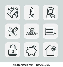 Premium set of outline icons. Such as favorite, paddle, money, fly, home, finance, unlock, job, protection, coin, investment, house, employer, aviation, travel, air, lock, canoe, oar, airplane, blue