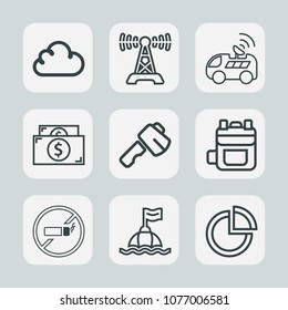 Premium set of outline icons. Such as addiction, construction, safety, business, no, sea, axe, cigarette, life, modern, car, cloud, audio, bag, presentation, broadcasting, tobacco, sign, sound, chart