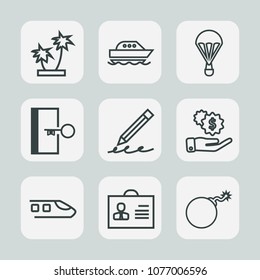 Premium set of outline icons. Such as write, pencil, education, railway, exit, parachuting, profile, boat, weapon, nuclear, investment, exotic, sign, escape, war, tree, door, hand, nature, water, sky