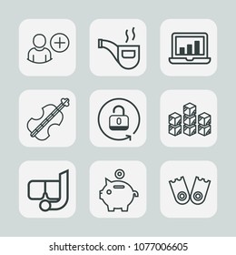 Premium set of outline icons. Such as storehouse, add, cello, security, coin, account, vintage, social, user, sea, laptop, investment, musical, classic, unlock, chart, sound, industrial, network, old