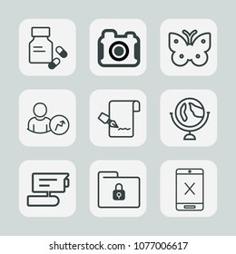 Premium set of outline icons. Such as paper, technology, health, drug, medication, photo, vitamin, butterfly, medicine, cancel, view, camera, photography, pen, safety, lock, nature, connection, fly