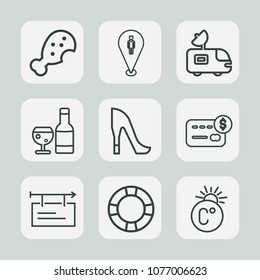 Premium set of outline icons. Such as fast, inflatable, credit, scale, antenna, leg, shoe, thermometer, high, water, television, fried, meal, glass, food, bank, fashion, billboard, red, drink, wine