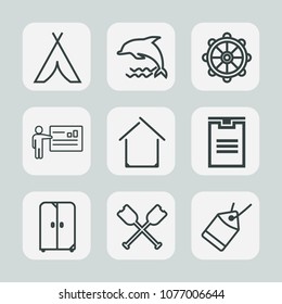 Premium set of outline icons. Such as oar, travel, cabinet, cupboard, label, home, paddle, summer, paper, dolphin, interior, people, adventure, tent, camp, tag, water, business, delivery, wheel, box