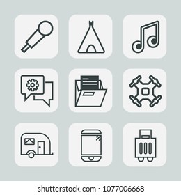 Premium set of outline icons. Such as transport, traffic, outdoor, concert, baggage, luggage, transportation, karaoke, studio, touchscreen, drone, nature, note, summer, tent, phone, van, helicopter