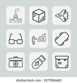 Premium set of outline icons. Such as architecture, extreme, palace, growth, jet, kit, medieval, aid, skater, skateboard, container, pretty, product, person, emergency, sound, success, development