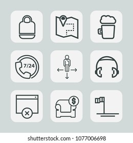 Premium set of outline icons. Such as headphone, ocean, style, navigation, map, help, operator, pub, white, city, blue, fashion, glass, road, bag, furniture, sofa, pin, accessory, alcohol, equipment