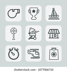 Premium set of outline icons. Such as referee, sea, ventilator, clock, air, cooler, transport, gift, competition, building, fashion, cooking, award, sky, first, winner, trainer, equipment, achievement