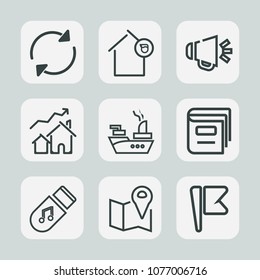 Premium set of outline icons. Such as voice, ship, marine, america, landlord, education, audio, business, loan, estate, volume, military, increase, property, location, speaker, sound, loud, apartment