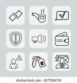 Premium set of outline icons. Such as link, money, safety, speech, tobacco, profile, talk, old, speaker, vintage, finance, classic, sign, chat, web, call, communication, protection, purse, loud, guard