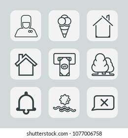 Premium set of outline icons. Such as alert, hotel, bell, food, cold, sunrise, telephone, sweet, ice, scoop, technology, morning, ball, dessert, tree, bank, closed, hospitality, alarm, porter, luggage