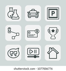 Premium set of outline icons. Such as science, travel, speech, taxi, card, equipment, interface, bubble, tool, tooth, medicine, dental, video, chat, cell, car, cab, map, message, vehicle, balance, lab