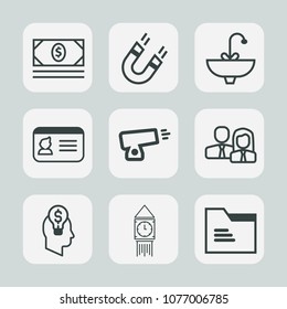 Premium set of outline icons. Such as people, cash, sink, gun, north, big, currency, document, identity, field, banking, pole, team, folder, paper, staff, wealth, file, money, identification, coin, id