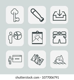 Premium set of outline icons. Such as road, bat, map, wood, presentation, ball, web, meeting, lock, businessman, sport, baseball, game, equipment, security, people, house, picture, shorts, dolphin, go