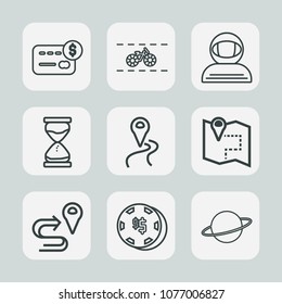 Premium set of outline icons. Such as hourglass, luck, location, map, space, finance, balance, pedal, credit, gambling, card, planet, risk, travel, orbit, minute, road, sand, cosmonaut, cycle, bicycle