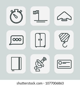 Premium set of outline icons. Such as watch, parachute, home, message, page, baja, clock, minute, sky, communication, sea, space, blue, mexico, cabinet, furniture, time, sign, beach, construction