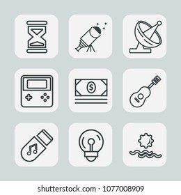 Premium set of outline icons. Such as antenna, glass, morning, bank, musical, dish, music, sky, galaxy, minute, star, sound, concert, guitar, communication, night, energy, nature, time, clock, coin