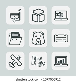 Premium set of outline icons. Such as communication, folder, sport, bear, paper, square, flight, chart, entertainment, online, snorkeling, blank, coupon, plane, animal, element, sea, file, equipment