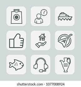 Premium set of outline icons. Such as music, shopping, clock, home, bag, decoration, technology, sale, web, find, headset, house, concept, rent, sea, call, microphone, time, jug, fish, musical, retail