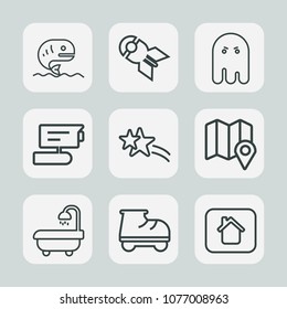 Premium set of outline icons. Such as pin, falling, record, attack, bomb, animal, nuclear, fishing, modern, map, seafood, fear, white, military, house, roller, explosion, location, fish, estate, food